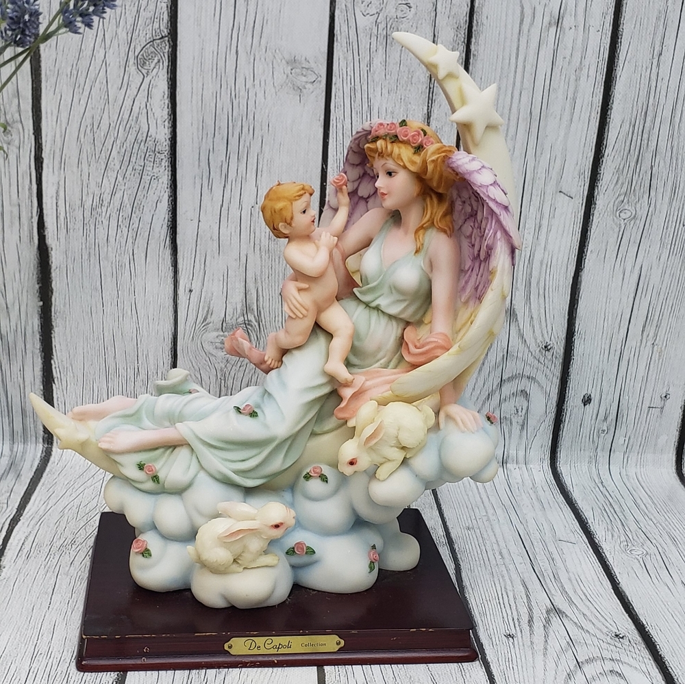 De Capoli Collection Angel Sitting On Moon & Clouds w/ Stars and Bunnies